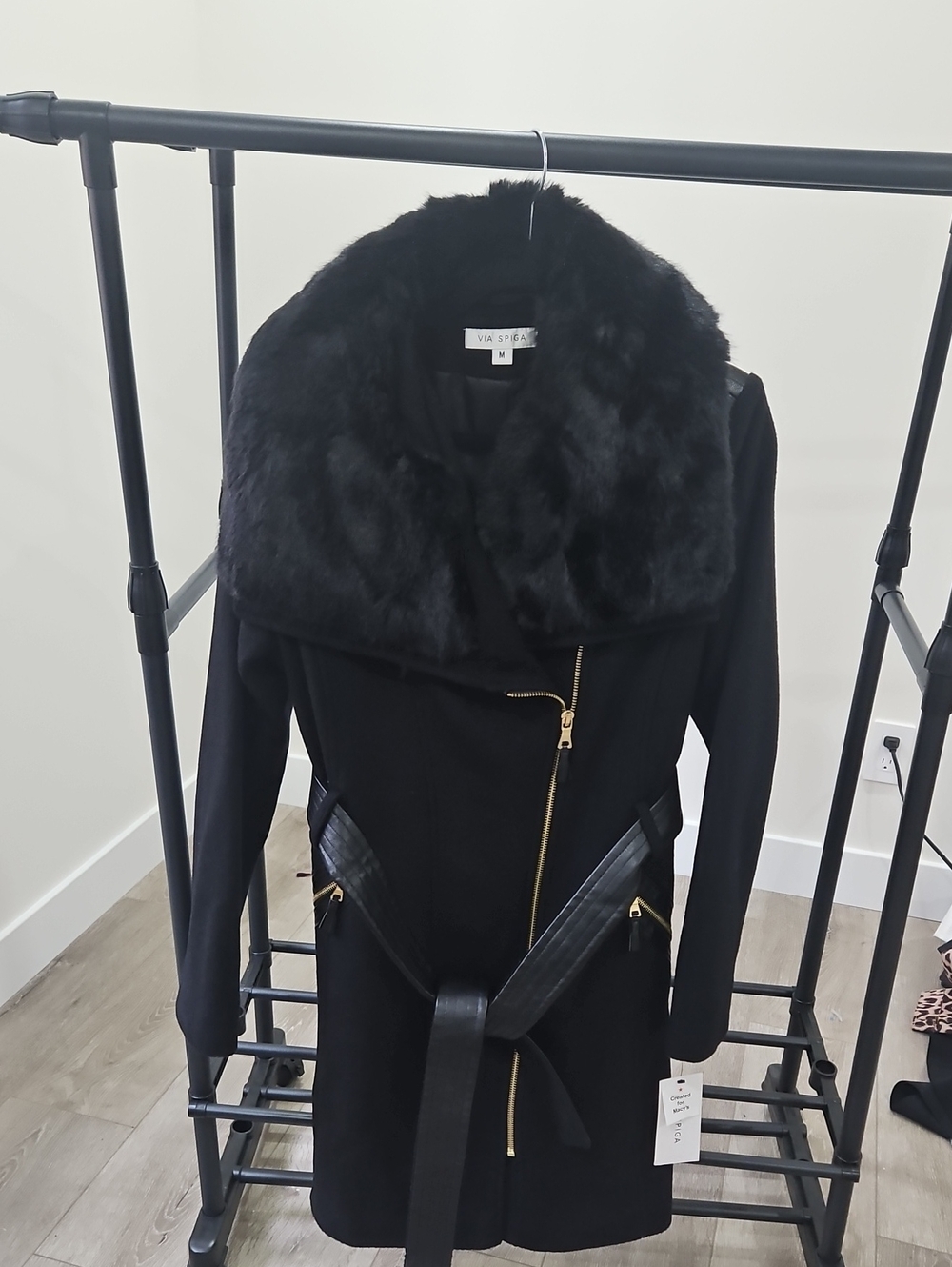 Via Spiga Black Trench Coat with Faux-Fur Collar